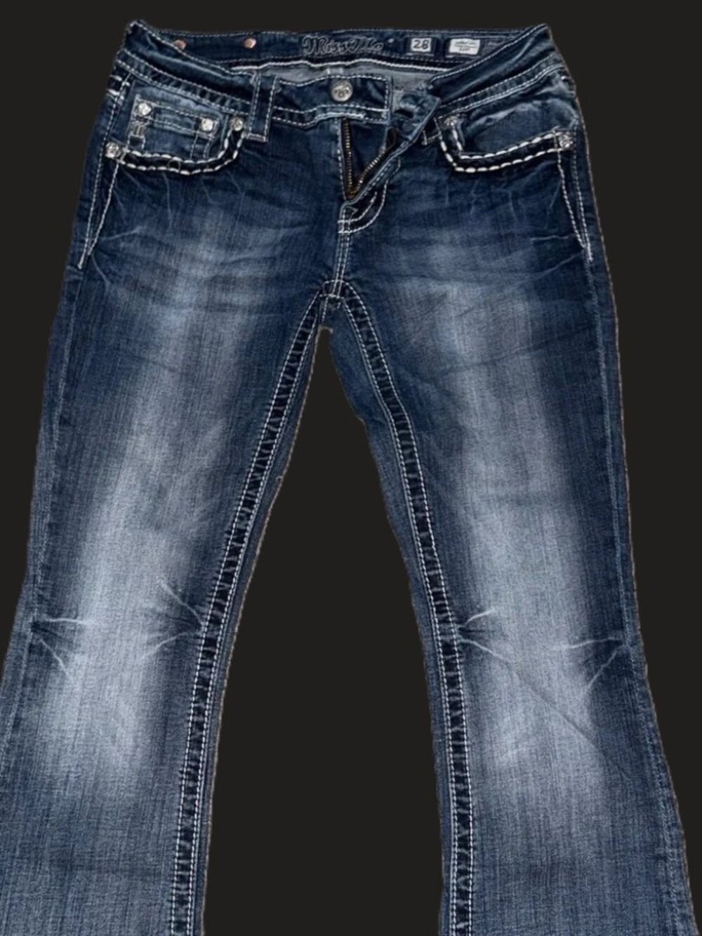 Miss Me Dark Blue low rise Jeans with Embellishments (Signature Boot) 28 X 32 - Picture 3 of 5